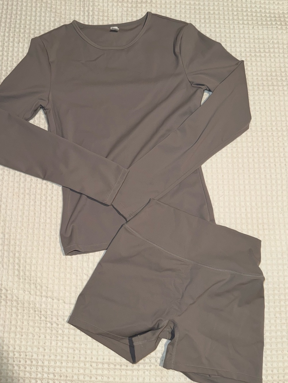 2/$15 - Long Sleeve Crew Top & High-Waist Shorts Set in Taupe